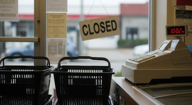 A well-lit convenience store checkout counter displaying empty black shopping baskets with a prominently hung "CLOSED" sign in the foreground, featuring an old-style cash register and digital clock.
