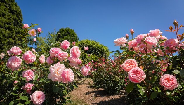pink roses blooming in a garden under clear blue sky