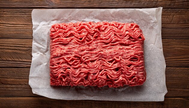 on butcher paper raw uncooked ground meat is placed a top view against a wooden background