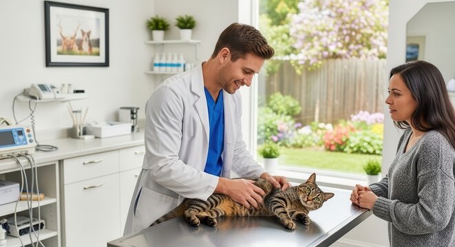 Friendly veterinarian in white lab coat gently examining a calm striped tabby cat on a stainless steel exam table while a concerned pet owner watches attentively in a bright, modern veterinary clinic.