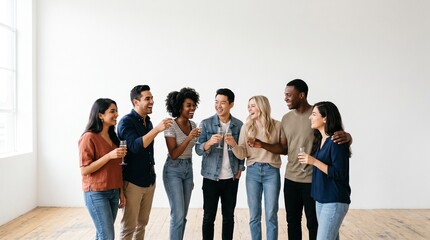 Fototapeta premium Editorial photo of diverse group of young friends celebrating, minimal white background, lots of copy space