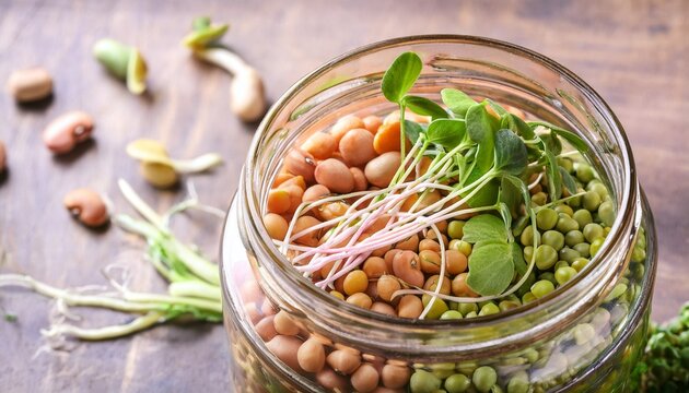 sprouted beans and green lentils in a jar with fresh vegetable shoots