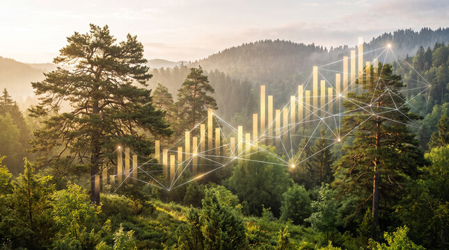 Concept of sustainable growth and financial success represented by a golden bar chart and digital data network overlaid on a lush green forest landscape at sunrise