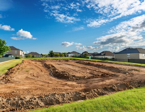open landscape under a blue sky with scattered clouds showcasing a newly cleared plot of land with patches of greenery in a residential area during the day