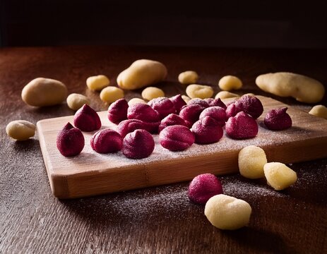 beetroot and potato gnocchi scattered on wooden cutting board homemade kitchen