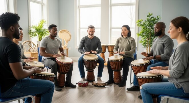 A diverse group of people engaged in a communal drumming circle session with hand drums, creating a harmonious and inclusive atmosphere in a bright, modern indoor space filled with natural light.