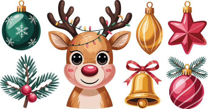 Cute Christmas Reindeer Vector Set with Festive Baubles, Golden Bell, Pine Branch, Star Ornament, and Holiday Fairy Lights for Winter Graphic Designs