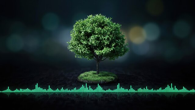 Sustainable technology concept with a small green tree and digital data frequency waveform on dark background