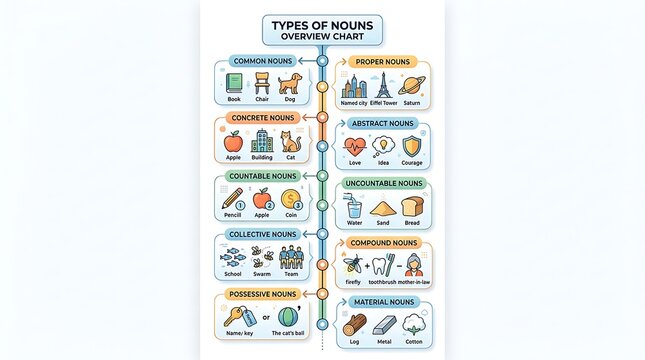 English grammar types of nouns educational overview chart