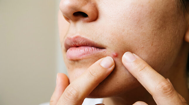 Fingers popping facial blemish on cheek skin