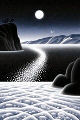 Fototapeta premium Surreal moonlit landscape with dotted texture and luminous path: a large, glowing full moon dominates the starry night sky, casting a radiant trail of light across the dark water; the foreground featu