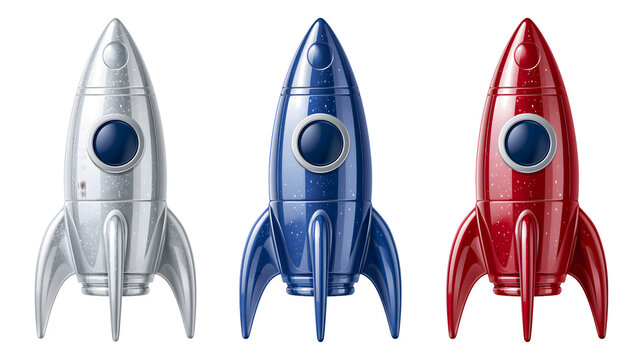 3d silver blue and red rocket ship set business startup launch innovation project concept isolated graphic design element transparent background png