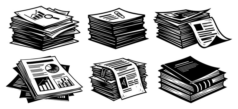 Paper stacks and documents vector set, business reports and office folders icons, bureaucracy paperwork concept, analytics and data sheets