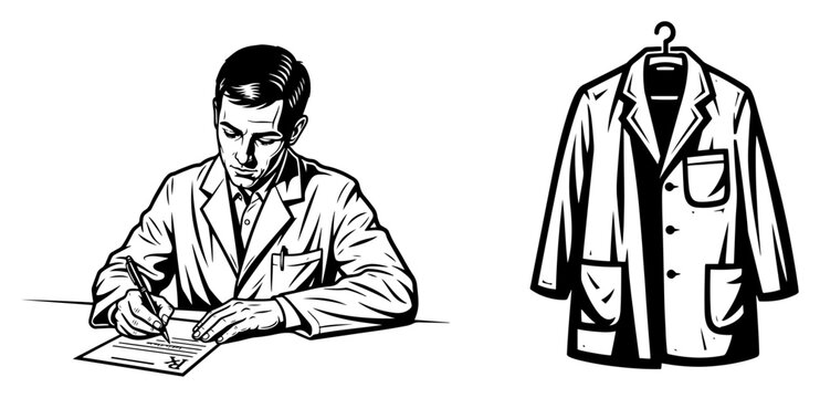 Doctor writing medical prescription and white lab coat icon, healthcare professional working, medical consultation vector illustration