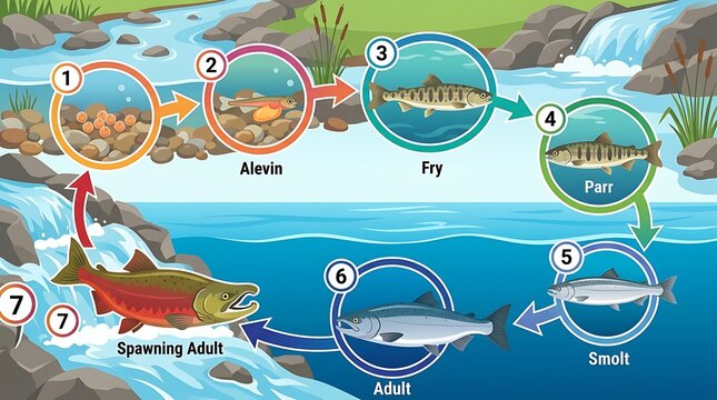 Life cycle of a salmon fish stages diagram