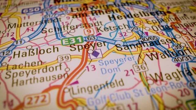 road network to mannheim, germany, gliding macro view over atlas map