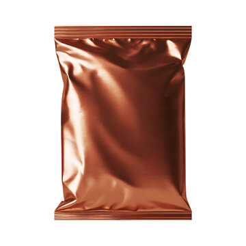 Blank metallic copper gold foil snack bag pouch isolated realistic packaging mockup for chips food product branding transparent background png