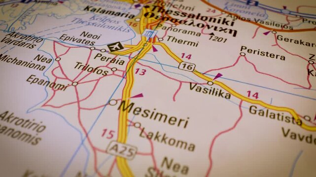 road network to thessaloniki, greece, gliding macro view over atlas map