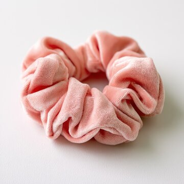 Close up of a plush pink velvet scrunchie on a white background