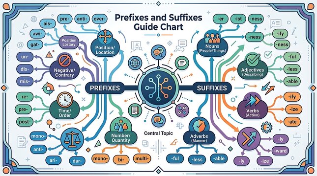 Educational guide chart for prefixes and suffixes in english