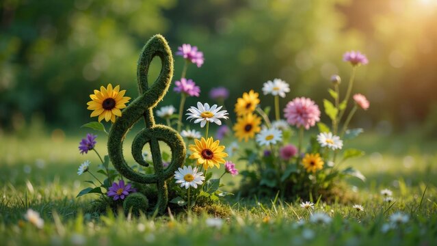 Mossy treble clef topiary surrounded by colorful flowers in a sunny garden