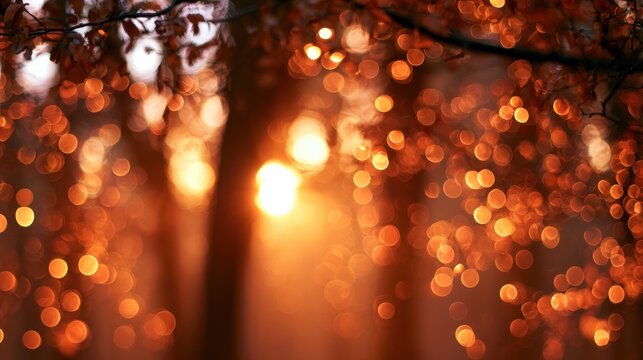 Warm bokeh lights in autumn forest during golden hour sunset