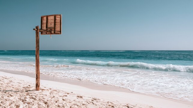 Rustic wooden basketball hoop on a sandy beach with turquoise ocean waves