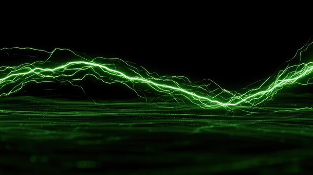 Vibrant green lightning bolt energy streak over dark abstract digital background
