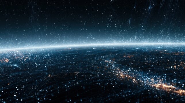 Abstract digital network grid overlay on earth from space at night