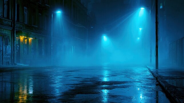 Moody urban street at night with blue streetlights and wet pavement