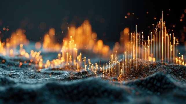 Abstract digital data visualization with glowing orange lines forming peaks on a textured dark surface abstract technology background