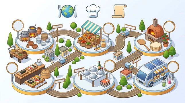 Global culinary journey isometric map with diverse cuisine stations