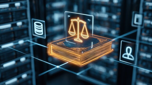 Digital law book with scales of justice data and user icons in server room