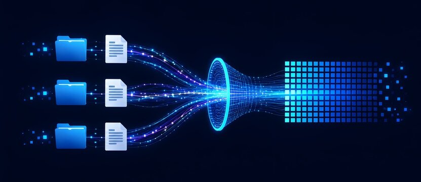 Digital Data Processing and Conversion Concept with File Folders Flowing into Glowing Information Funnel