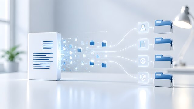 Conceptual 3D illustration of a main document categorizing data into specific blue folders, representing automated file sorting, data organization, and workflow management.