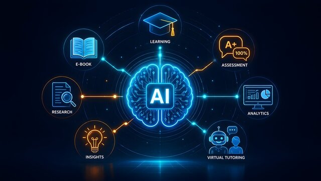 Artificial intelligence in education concept with glowing blue brain surrounded by digital e-learning and tutoring icons