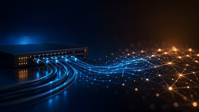 Network switch router with fiber optic cables connected emitting glowing blue and gold digital data mesh