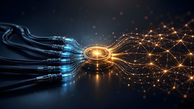 Futuristic central network hub processing blue fiber optic data cables into a glowing golden digital mesh