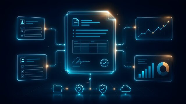 Futuristic digital dashboard connecting a central document to analytics charts and user profiles, illustrating automated business workflow and cloud data integration.