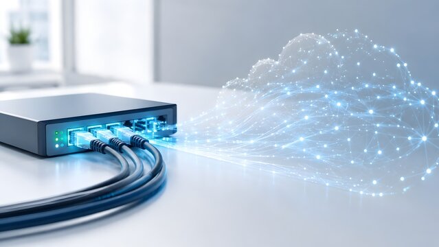 Network switch router on office desk projecting a glowing blue digital cloud computing mesh from connected cables
