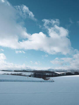Snow-covered rolling hills and forests beneath a dramatic blue winter sky