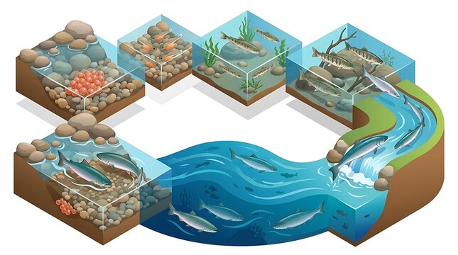Salmon life cycle showing stages from river spawning to ocean