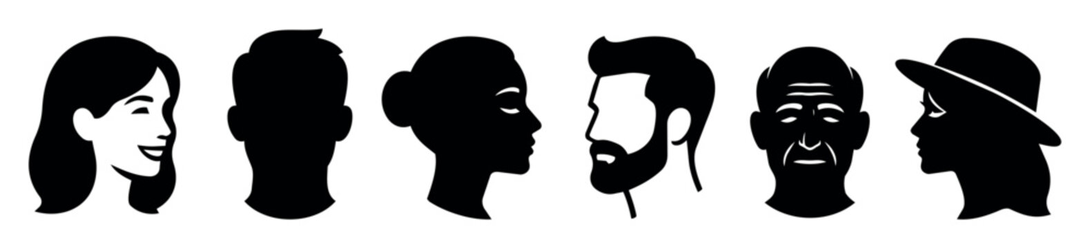 Profile and face silhouette vector set showing diverse men and women in various side and front views, featuring different hairstyles, ages, and accessories like hat, design for graphic and creative