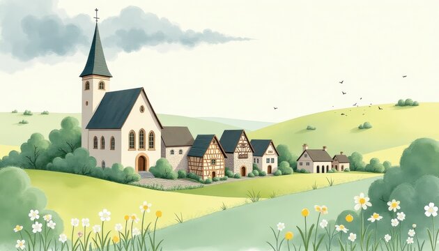 A quaint village with a church and half-timbered houses nestled in a lush green rolling landscape