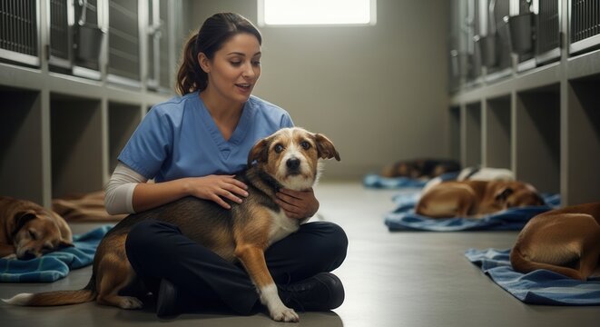 A compassionate veterinary professional kneeling and comforting a small rescue dog in a spacious animal shelter kennel area filled with resting canines on cozy blue mats under warm lighting.