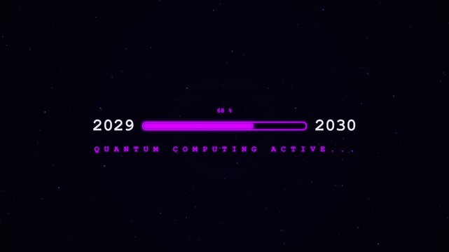 Quantum computing loading bar transition from year 2029 to 2030 on dark background
