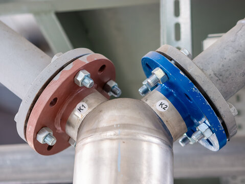 A stainless steel industrial pipe Y-junction features red and blue bolted flanges with markings K1 and K2 inside a processing facility.
