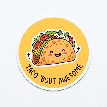 Taco 'bout Awesome! A vibrant and cheerful cartoon taco illustration, exuding happiness and fun, with the playful caption Taco 'bout Awesome emblazoned on a bright yellow background.