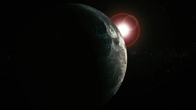 Dark cratered moon or planet in space with a bright sun flare and starry black background