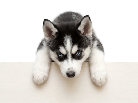 Cute husky puppy lying down looking up